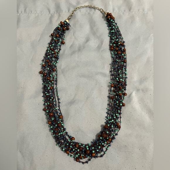 Blue and Brown Beaded Boho Necklace - Picture 1 of 4